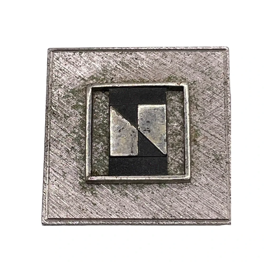 VTG Sterling Silver 925 Two Tone Black‎ Accent Brooch Pin Square Brushed Aged